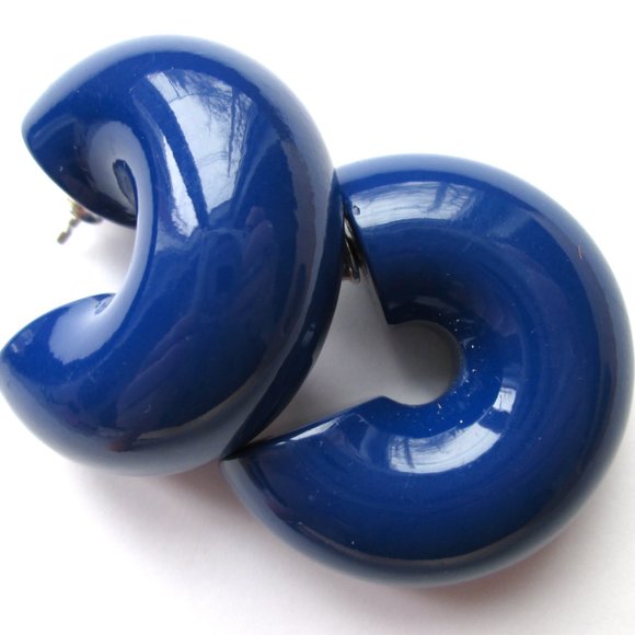 💙 Vtg Uncommon Matters Beam Semi Hoop Earrings Deep Cobalt Blue Enamel 925 - Picture 4 of 12